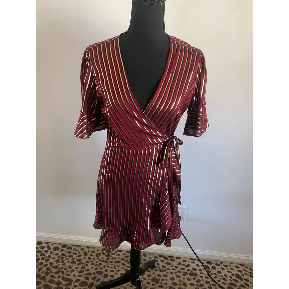 Show Me Your Mumu Leslie Mini Wrap Dress Burgundy Gold Metallic Stripe Small